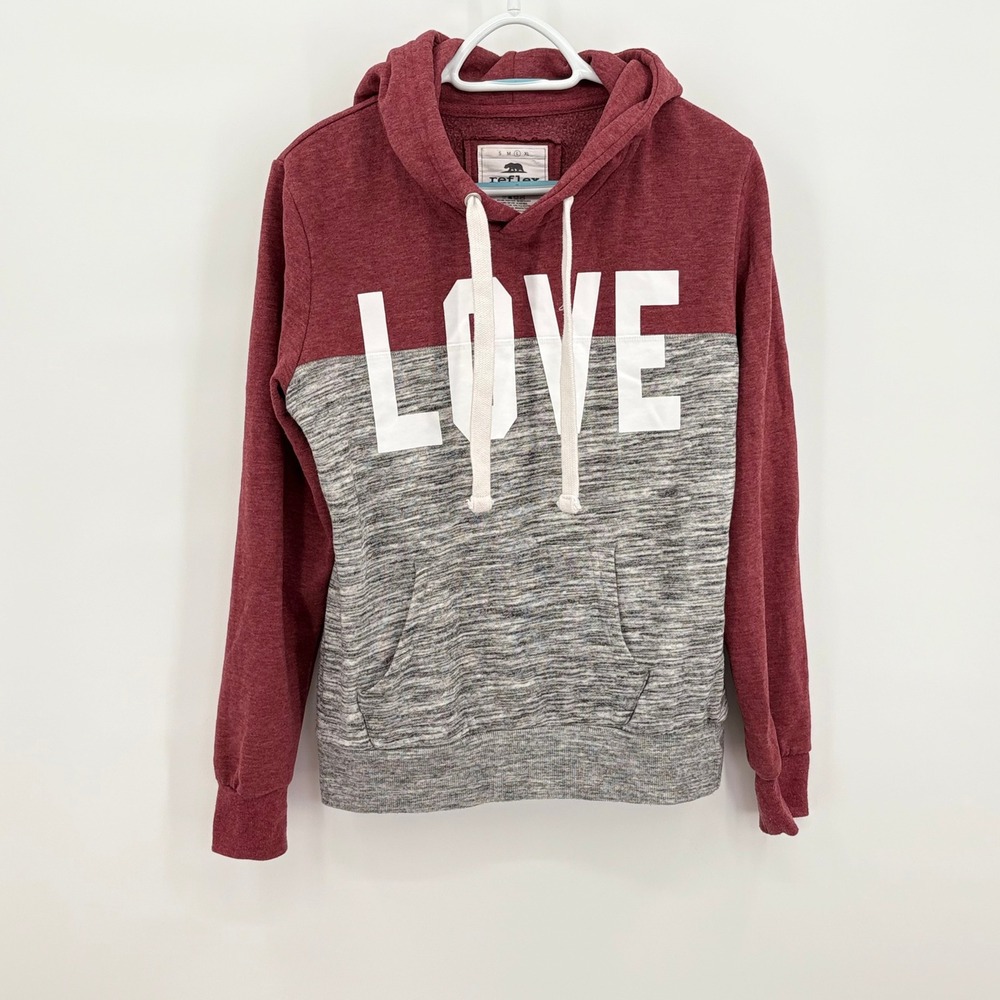 Reflex Womens LOVE Graphic Colorblock Hoodie Burgundy Gray Size Large